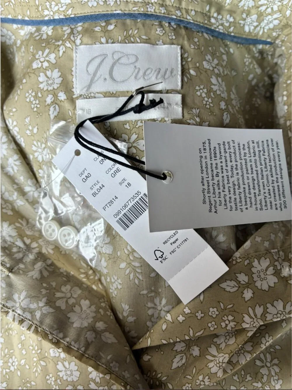 J. Crew NWT Green & White Slim-Fit Shirt in Liberty® Capel Floral Fabric-Size 18